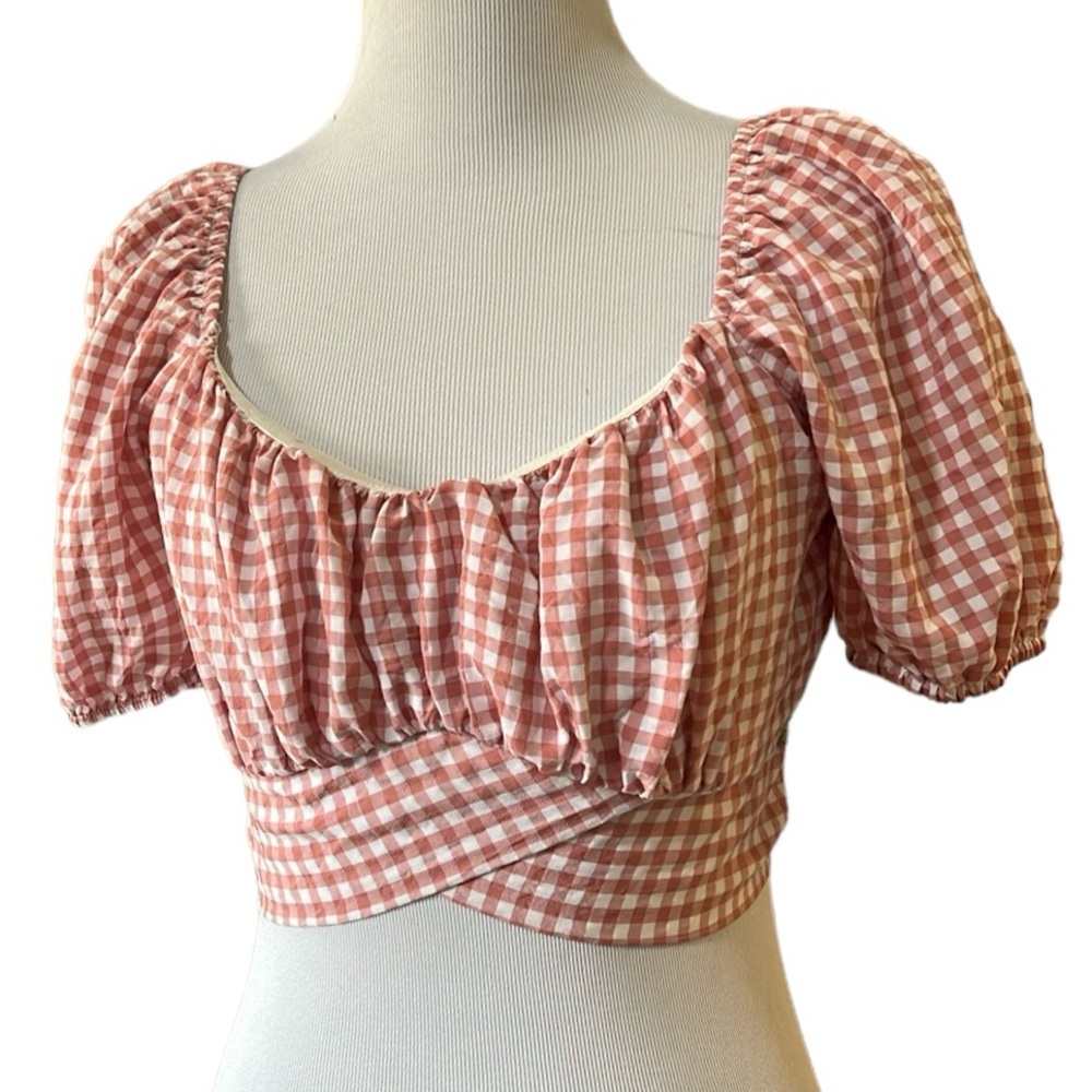 ALTAR’D STATE GINGHAM ULTRA CROPPED TIE BACK BLOUSE RED WHITE SIZE SMALL